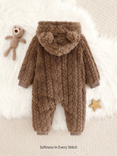 Young Girls Cute Ear Design Hooded Plush Lining Jumpsuit, Cozy & Warm For Daily Home Wear, Girls